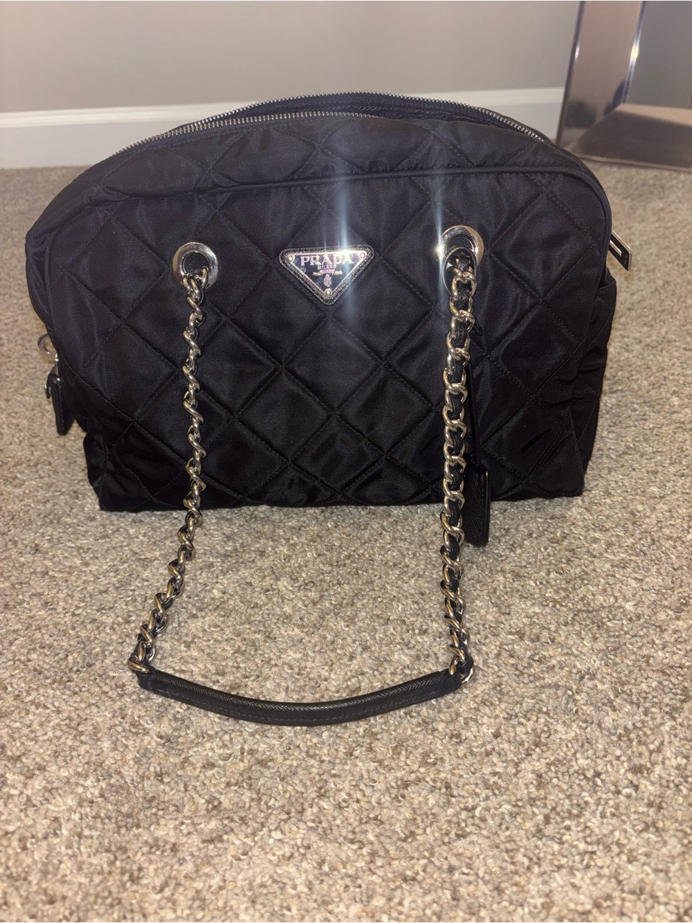 Prada Black Quilted Nylon Chain-Handle Shoulder Bag with Logo Plaque